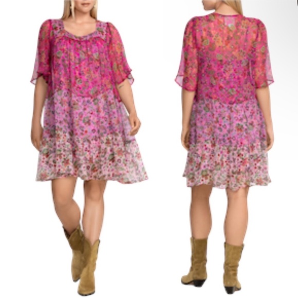 JOHNNY WAS Foxglove 100% Silk Dress With Printed Slip  Size 1X Pink Floral - Picture 2 of 3